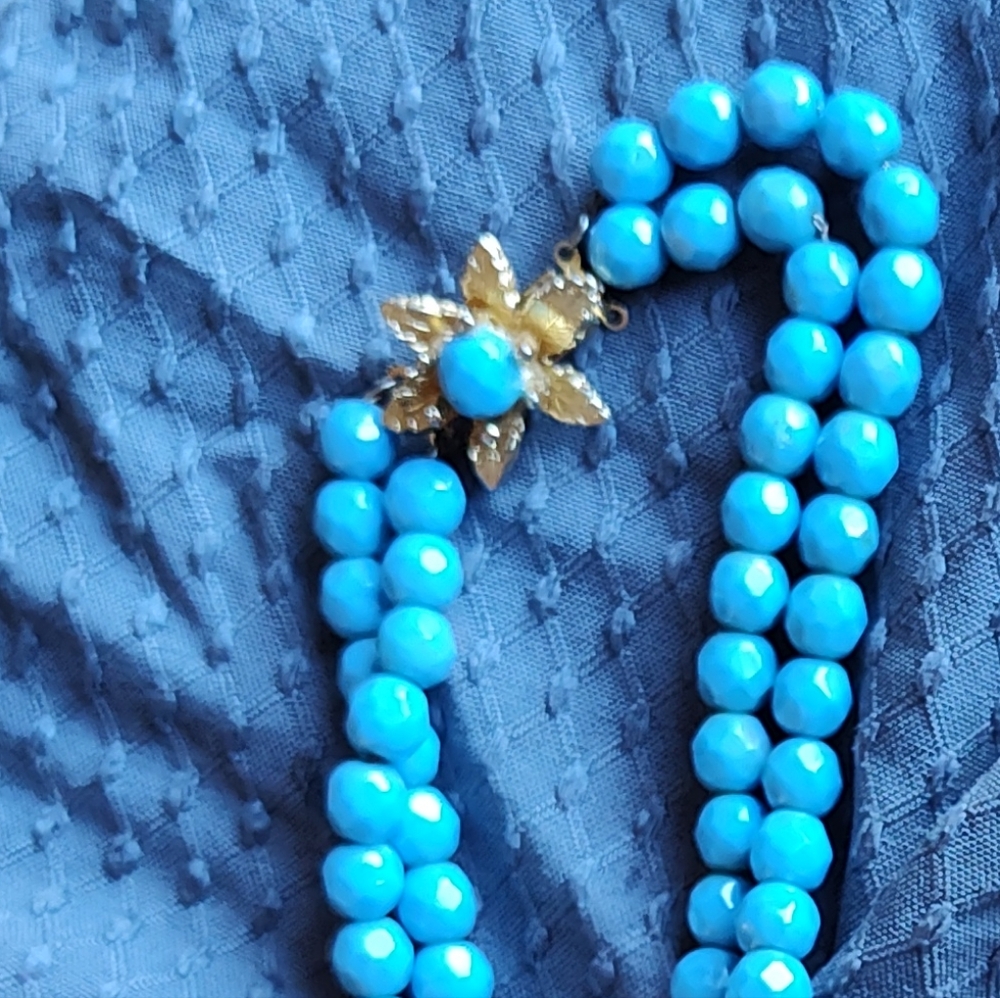 Vintage Vibrant Blue Double Strand Beaded Necklace With Gold Flower Clasp